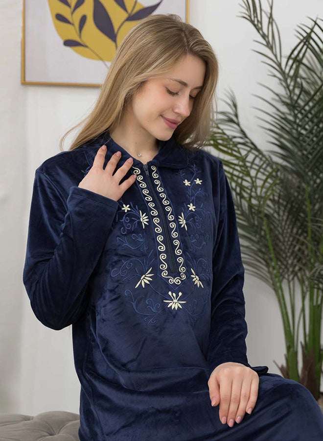 Elegant Velvet Maxi Galabeya Zipper Collar & Embroidery - Image 1